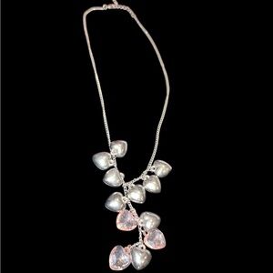 Silver Puffy Heart Pink Glass Lariat Style Necklace Marked TOP LS